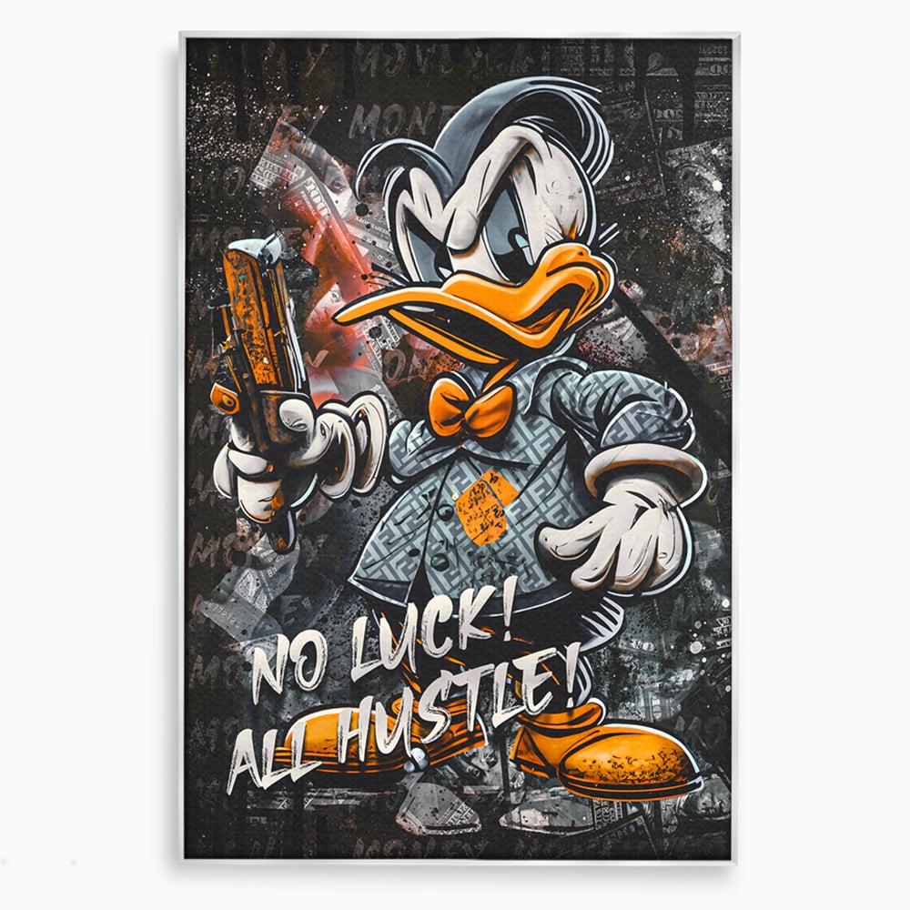 Tablou canvas cu tablou canvas cu donald duck revoltat, in rama de aluminiu argintiu
